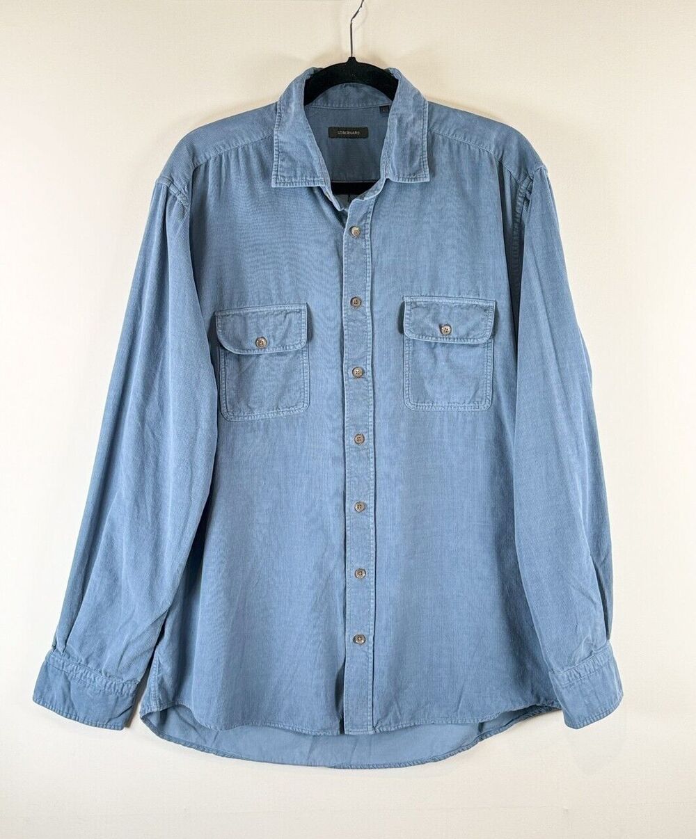 St Bernard Mens Button Up Shirt Blue Corduroy Long Sleeve Pockets Casual Large